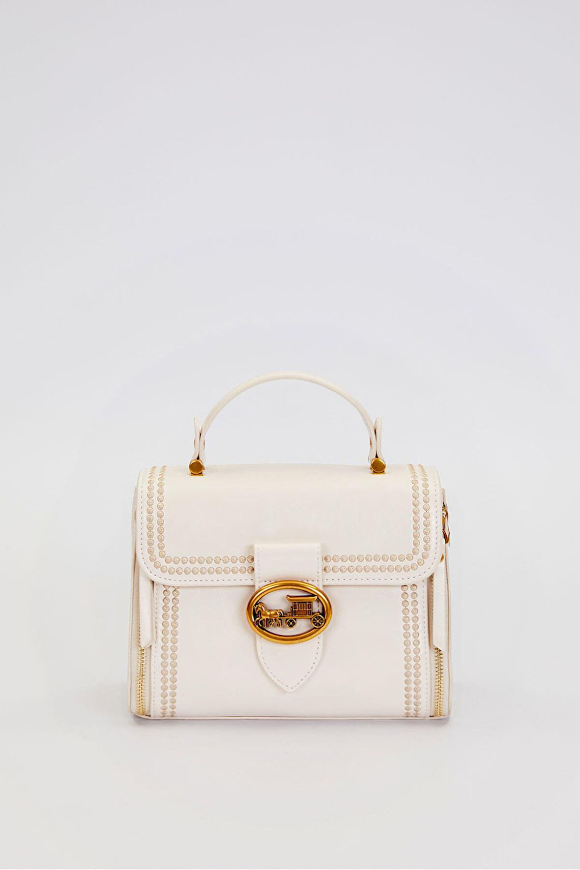 Otantik Fayton Metal Logo ve Nakış Detaylı Orta Boy Kadın El ve Omuz Çantası LV930574 Krem