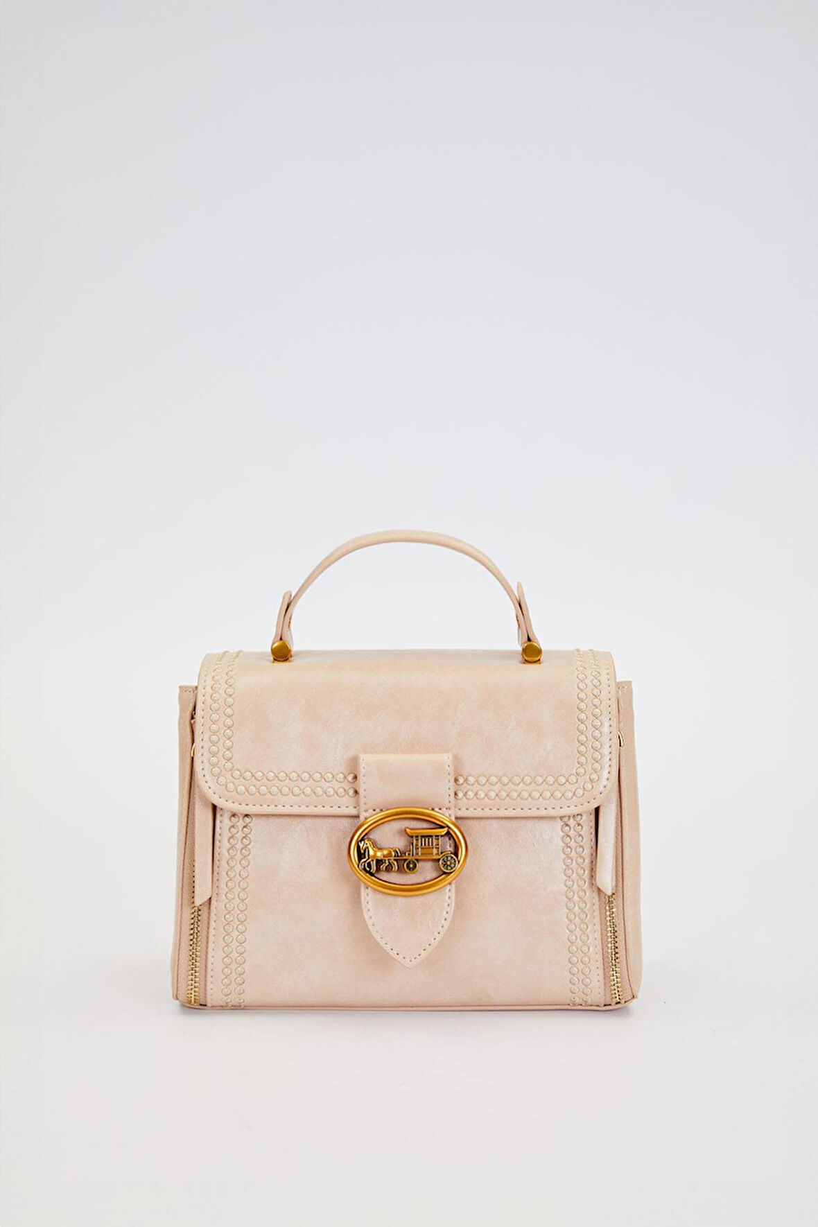 Otantik Fayton Metal Logo ve Nakış Detaylı Orta Boy Kadın El ve Omuz Çantası LV930574 Bej