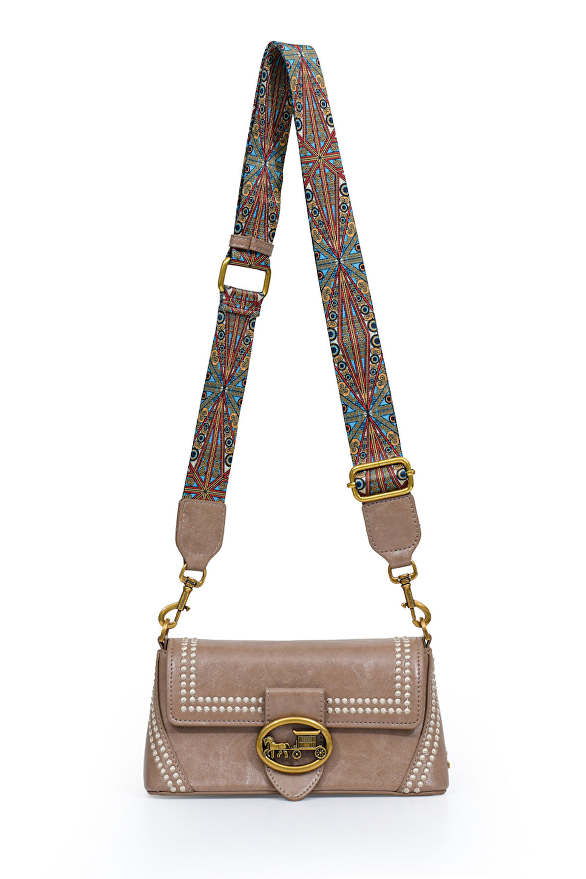 Otantik Fayton Metal Logo ve Etnik Desen Detaylı Kadın Omuz Çantası LV930575 Gül Kurusu