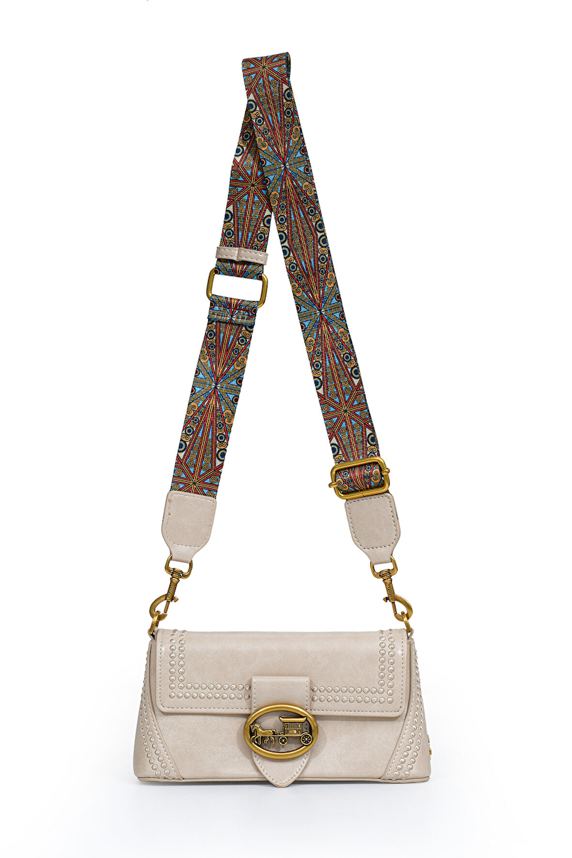 Otantik Fayton Metal Logo ve Etnik Desen Detaylı Kadın Omuz Çantası LV930575 Vizon