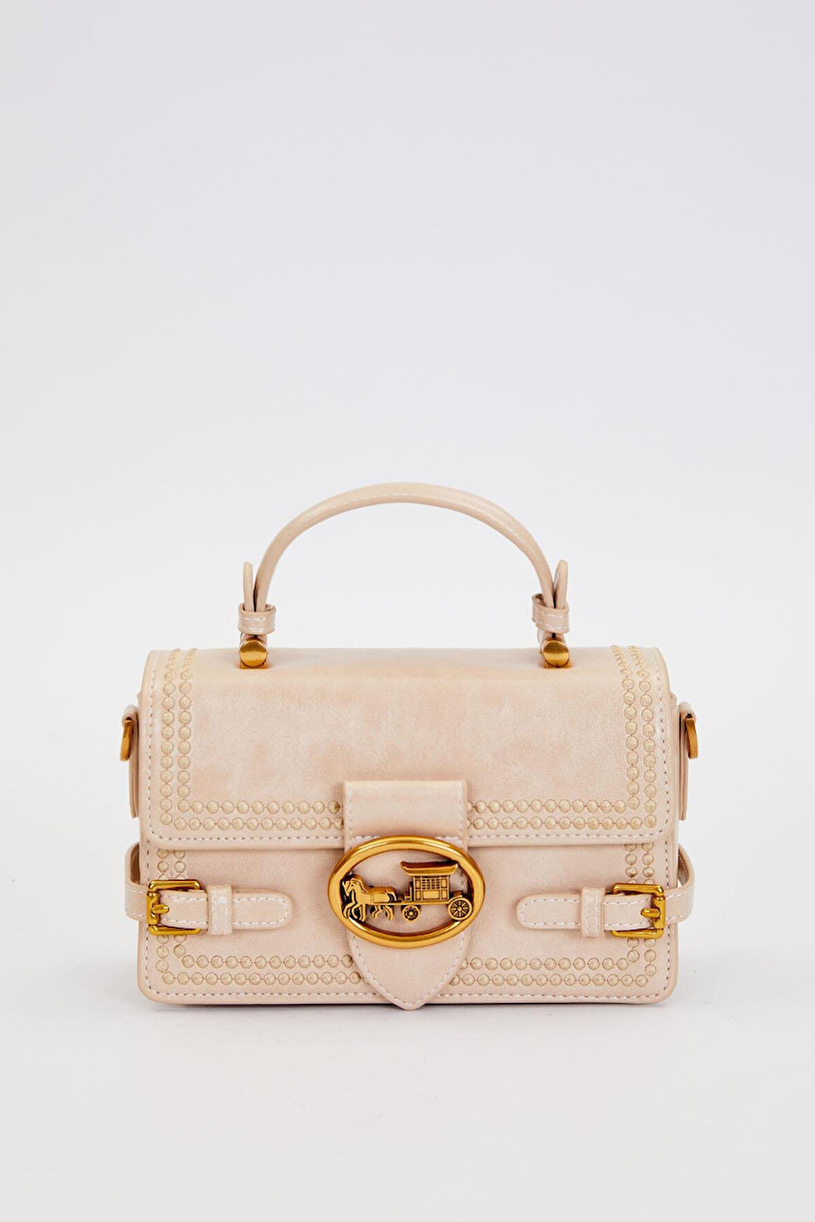 Otantik Fayton Metal Logo Nakış ve Kemer Detaylı Küçük Boy Kadın El ve Omuz Çantası LV930576 Bej