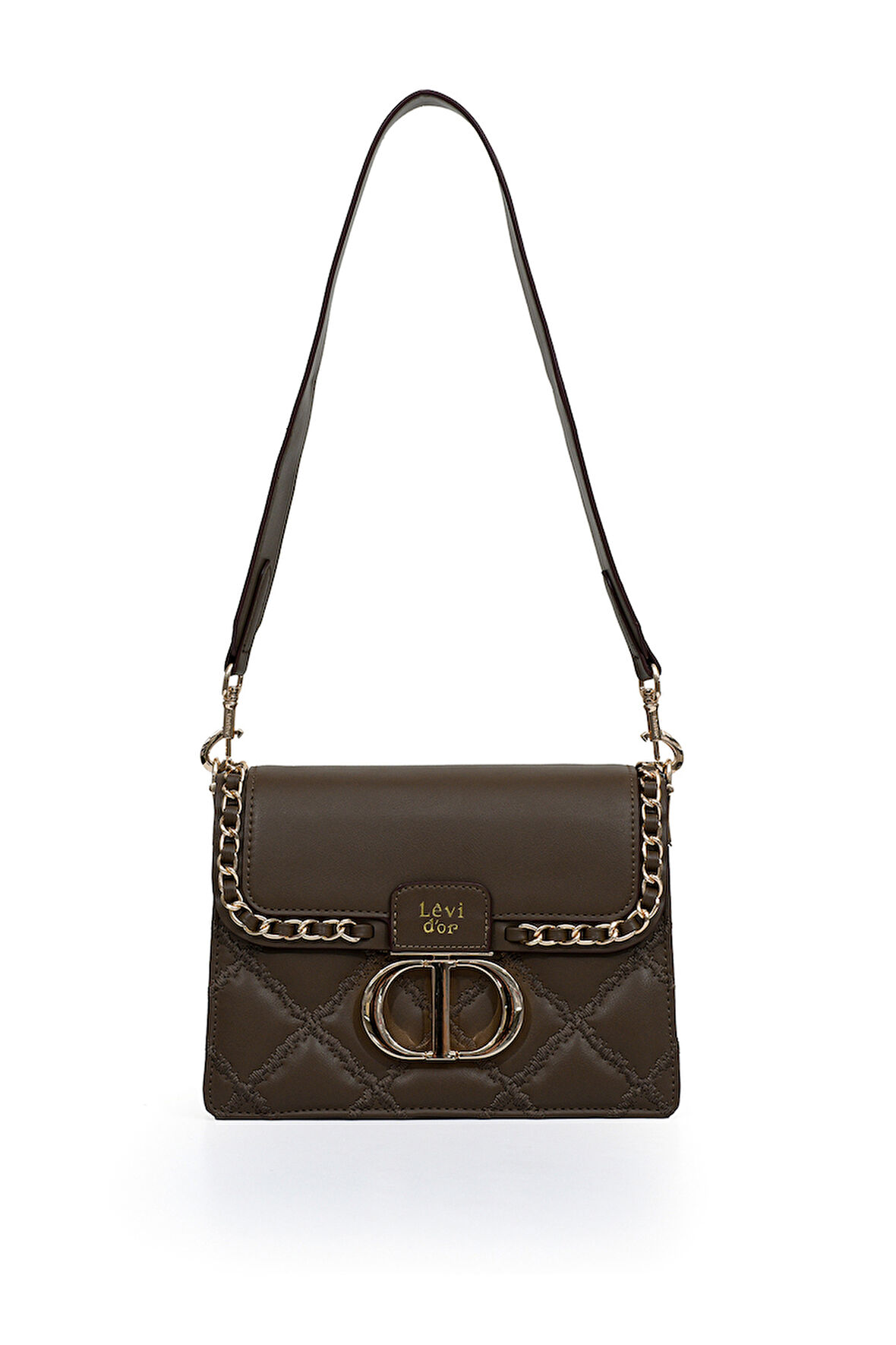 İki Bölmeli Kapitone ve Zincir Detaylı Kapaklı Uzun Askılı Orta Boy Kadın Omuz Çantası LV930579 Kahve