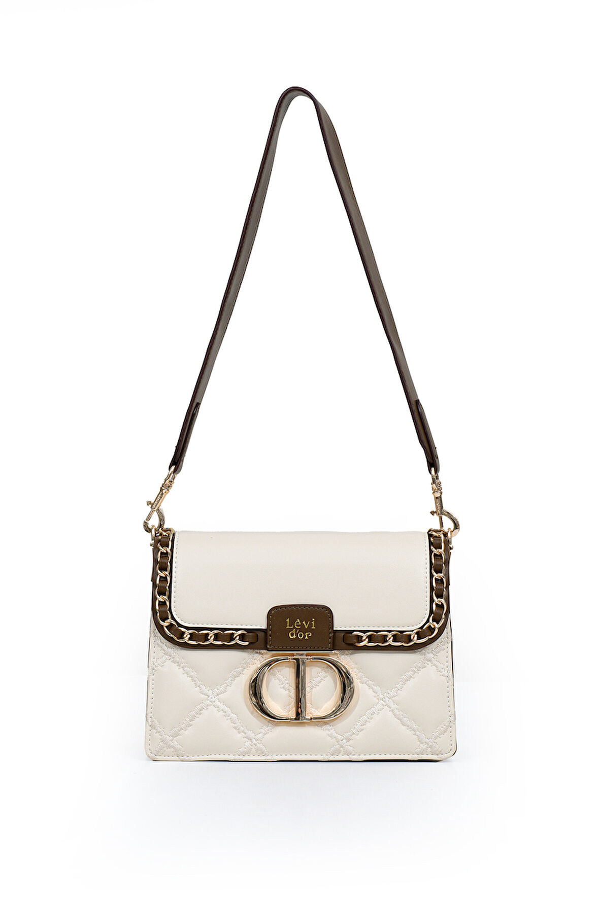 İki Bölmeli Kapitone ve Zincir Detaylı Kapaklı Uzun Askılı Orta Boy Kadın Omuz Çantası LV930579 Krem