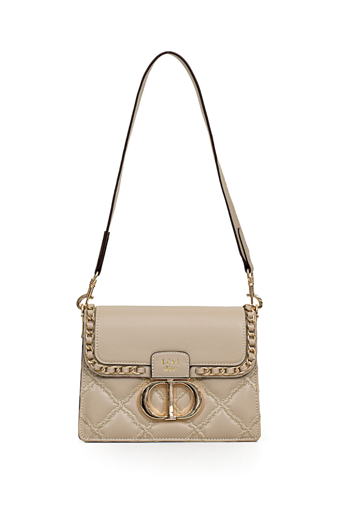 İki Bölmeli Kapitone ve Zincir Detaylı Kapaklı Uzun Askılı Orta Boy Kadın Omuz Çantası LV930579 Vizon