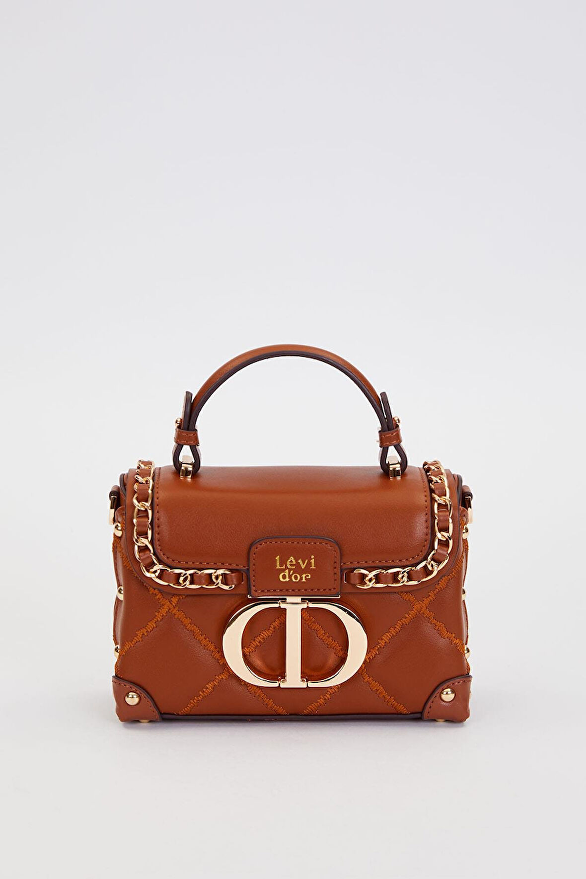 Kapitone Nakış, Zincir Örgü ve Metal Zımba Detaylı Küçük Boy Kadın El ve Omuz Çantası LV930580 Camel