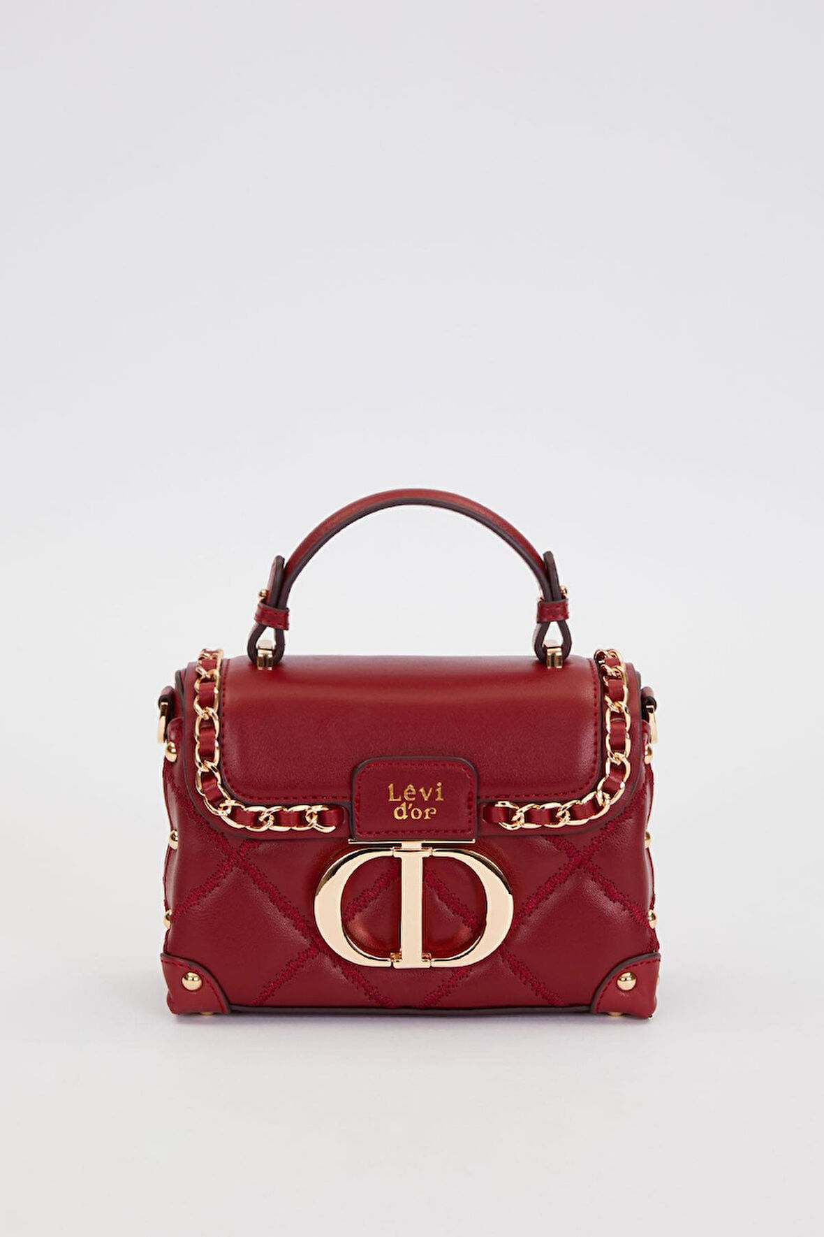 Kapitone Nakış, Zincir Örgü ve Metal Zımba Detaylı Küçük Boy Kadın El ve Omuz Çantası LV930580 Bordo