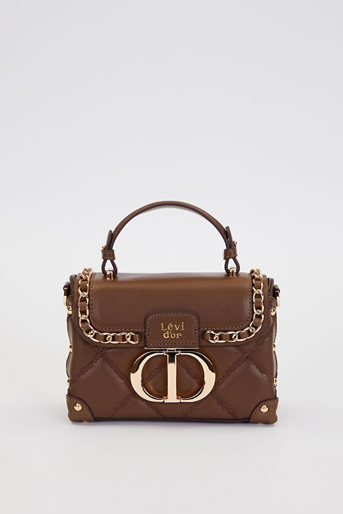 Kapitone Nakış, Zincir Örgü ve Metal Zımba Detaylı Küçük Boy Kadın El ve Omuz Çantası LV930580 Kahve