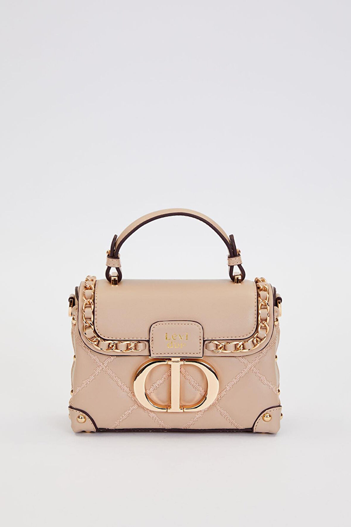 Kapitone Nakış, Zincir Örgü ve Metal Zımba Detaylı Küçük Boy Kadın El ve Omuz Çantası LV930580