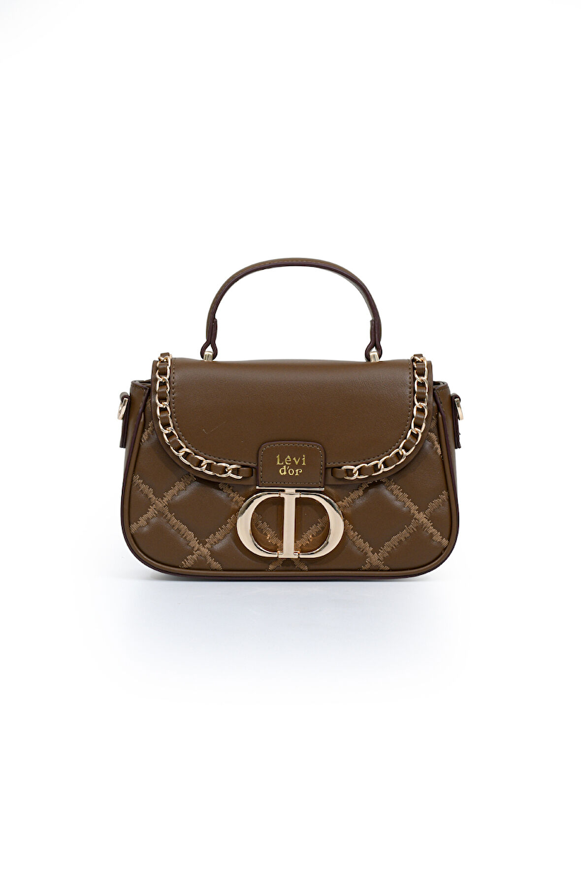 Kapitone Nakış ve Zincir Örgü Detaylı Uzun Askılı Orta Boy Kadın El ve Omuz Çantası LV930582 Kahverengi