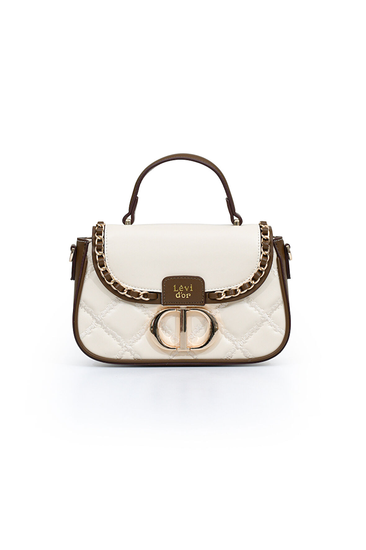 Kapitone Nakış ve Zincir Örgü Detaylı Uzun Askılı Orta Boy Kadın El ve Omuz Çantası LV930582 Krem