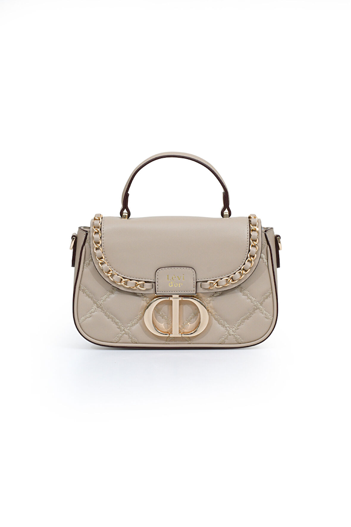 Kapitone Nakış ve Zincir Örgü Detaylı Uzun Askılı Orta Boy Kadın El ve Omuz Çantası LV930582 Vizon