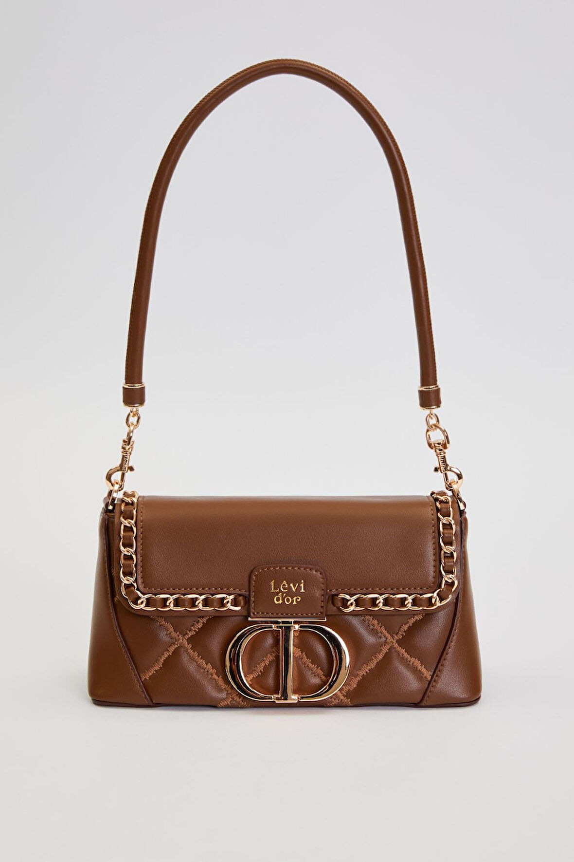 Kapitone Nakış ve Zincir Örgü Detaylı Çift Askılı Orta Boy Kadın Omuz Çantası LV930583 Kahverengi