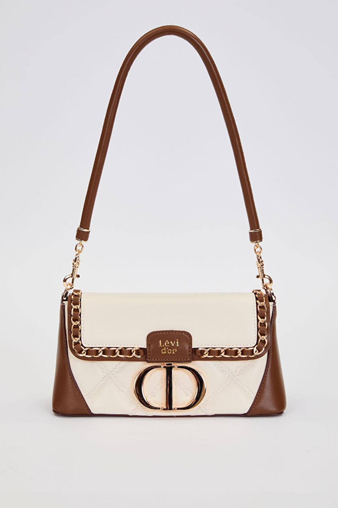 Kapitone Nakış ve Zincir Örgü Detaylı Çift Askılı Orta Boy Kadın Omuz Çantası LV930583 Krem