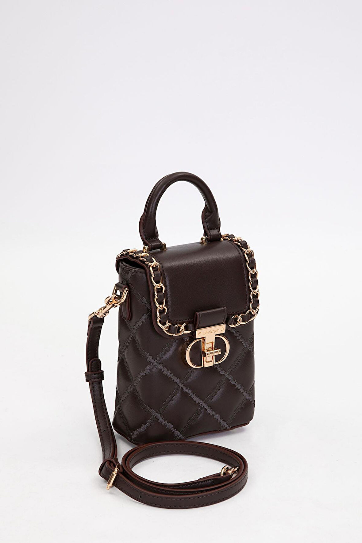 Kapitone Nakış ve Zincir Örgü Detaylı Şık Kadın Telefon Çantası El ve Omuz Kullanımlı LV930584 Koyu Kahve