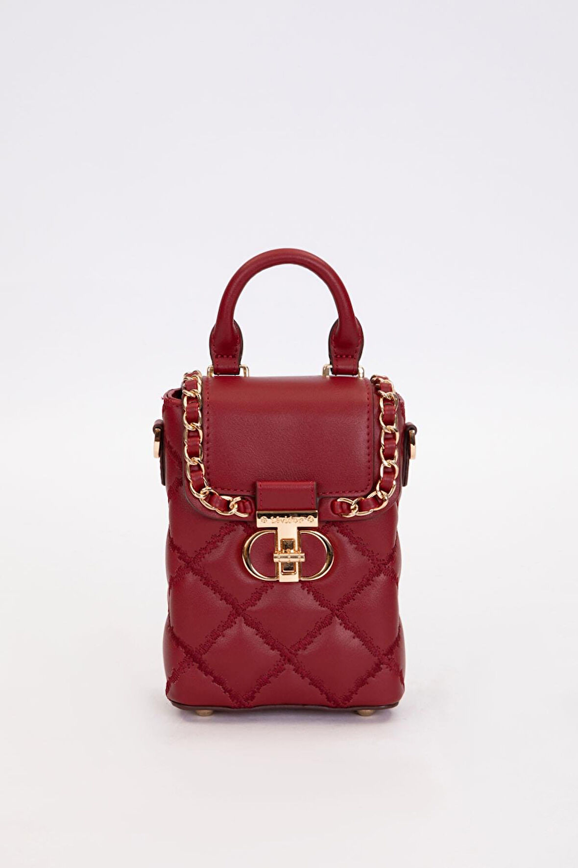 Kapitone Nakış ve Zincir Örgü Detaylı Şık Kadın Telefon Çantası El ve Omuz Kullanımlı LV930584 Bordo