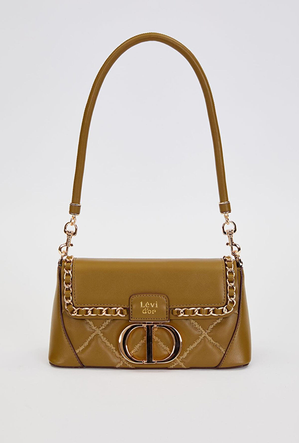 Kapitone Nakış ve Zincir Örgü Detaylı Çift Askılı Orta Boy Kadın Omuz Çantası LV930583 Yeşil