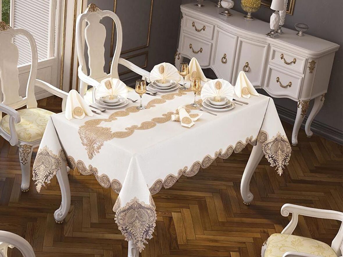 Verna Masa Örtüsü 160x260 Cm 26 Parça Krem Gold