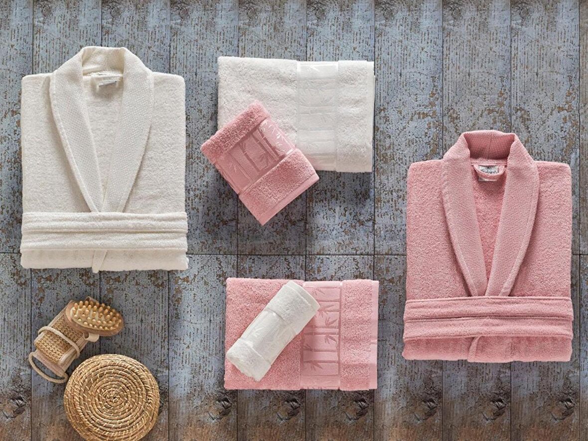 Arliva Bambu Aile Bornoz Takımı Gül Kurusu Krem