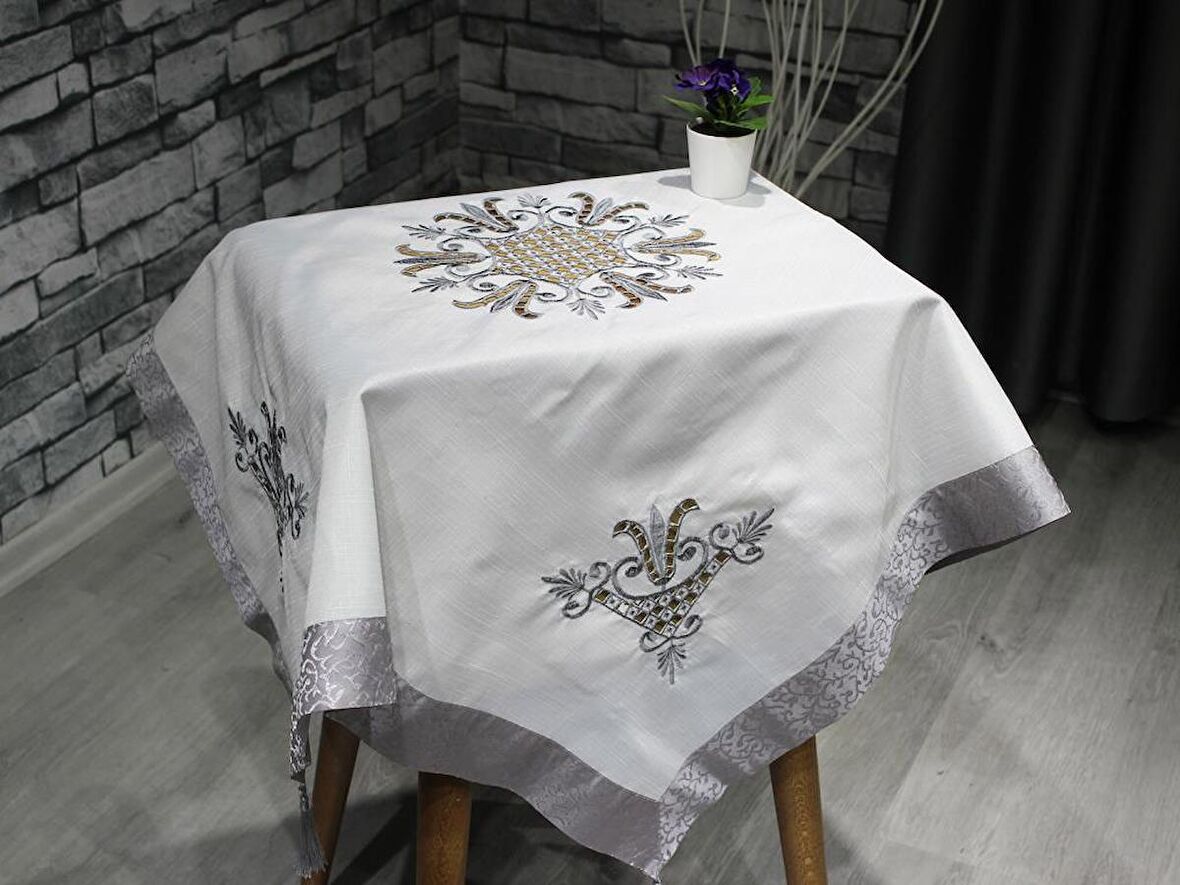 Lale Nakışlı Fiskos Krem Gri 100x100 Cm