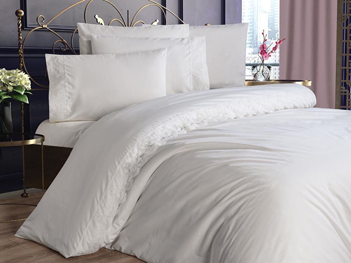 Fransız Dantelli Elani Çeyizlik Nevresim Takımı Krem