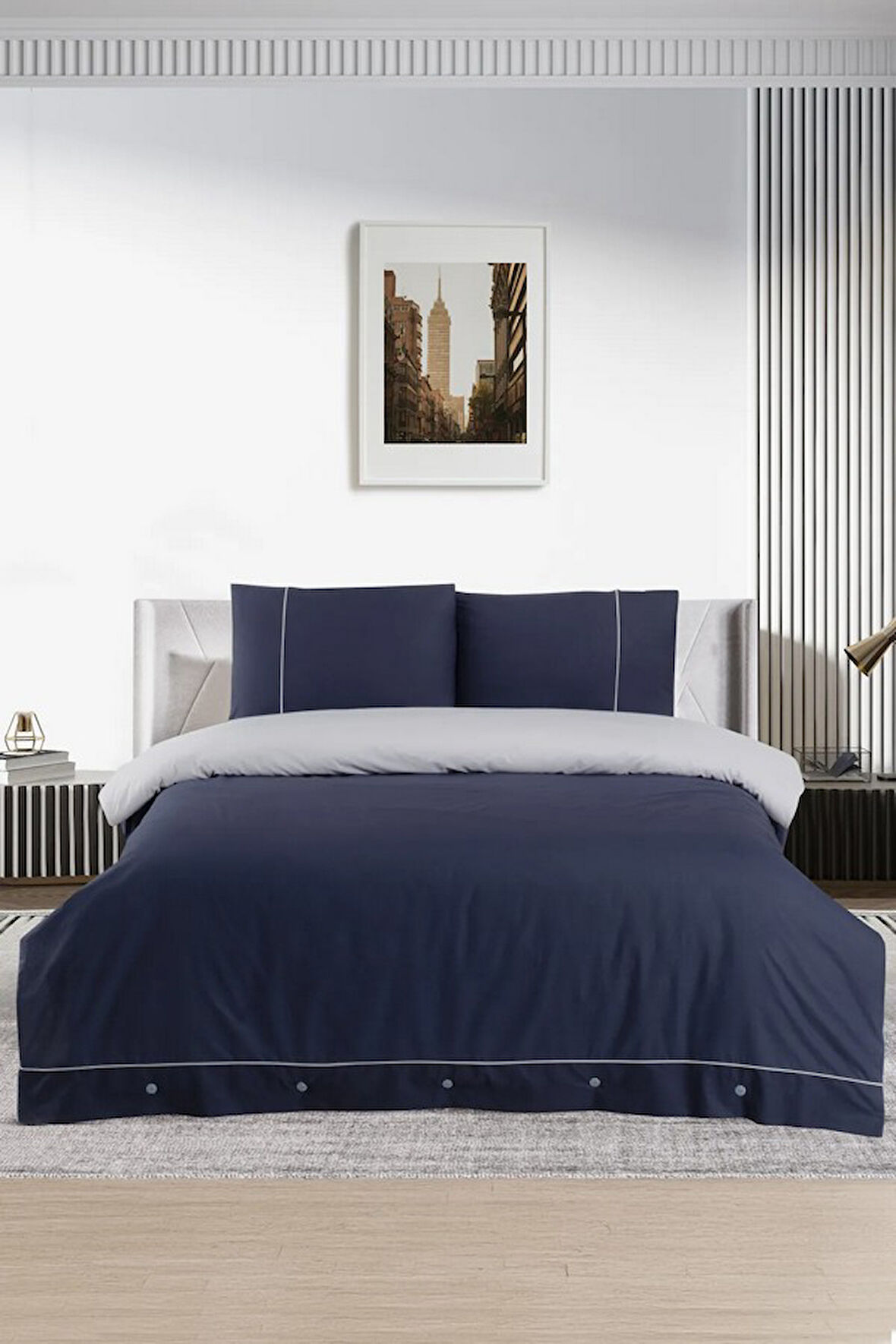 Pierre Cardin Pamuk Nevresim Takımı Biyeli Çift Kişilik Lacivert-Gri