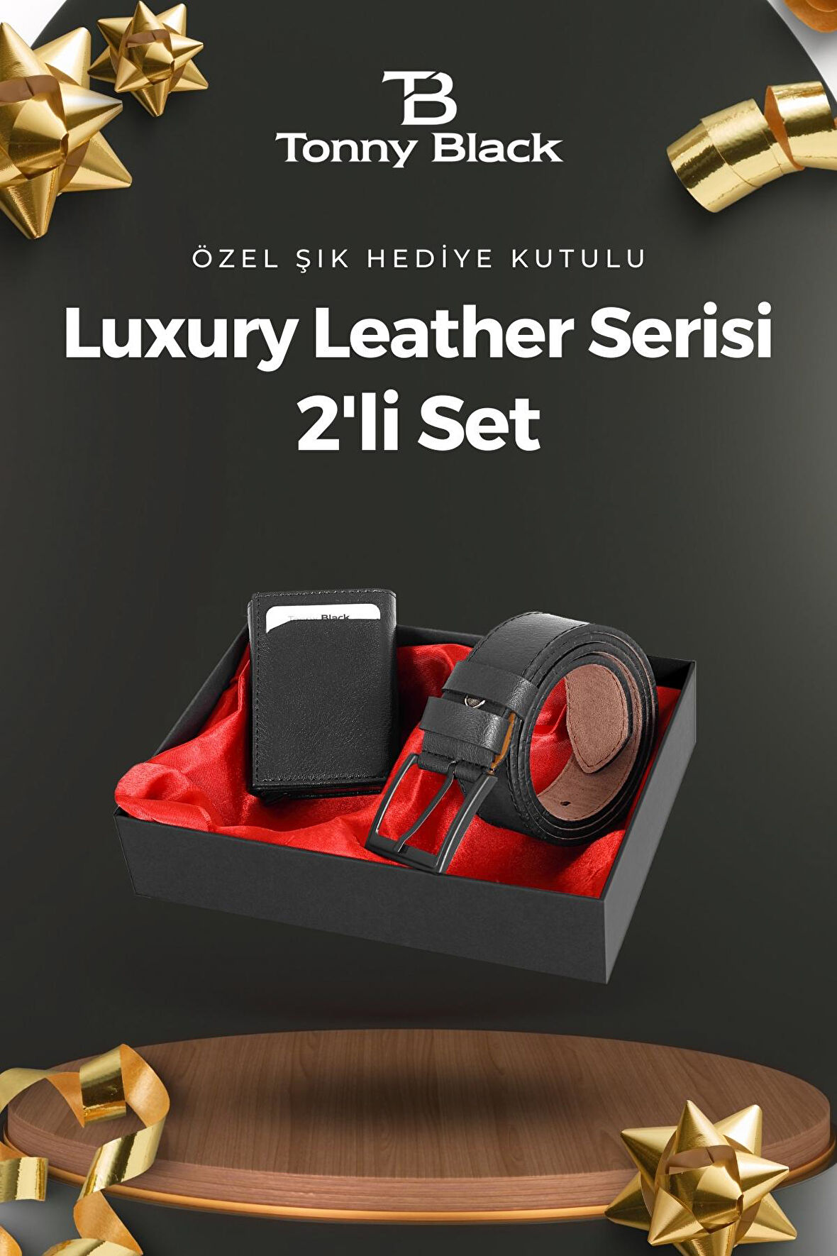 Orijinal Erkek Özel Hediye Kutulu 2'li Set Luxury Serisi Şık Otomatik Mekanizmalı Cüzdan Kemer Seti Siyah-125 CM