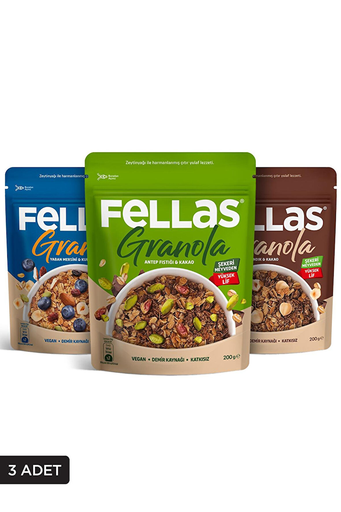 Fellas Granola 3'lü Mix Paket - Yaban Mersinli 200g + Fındık & Kakao 200g + Antep Fıstıklı 200g