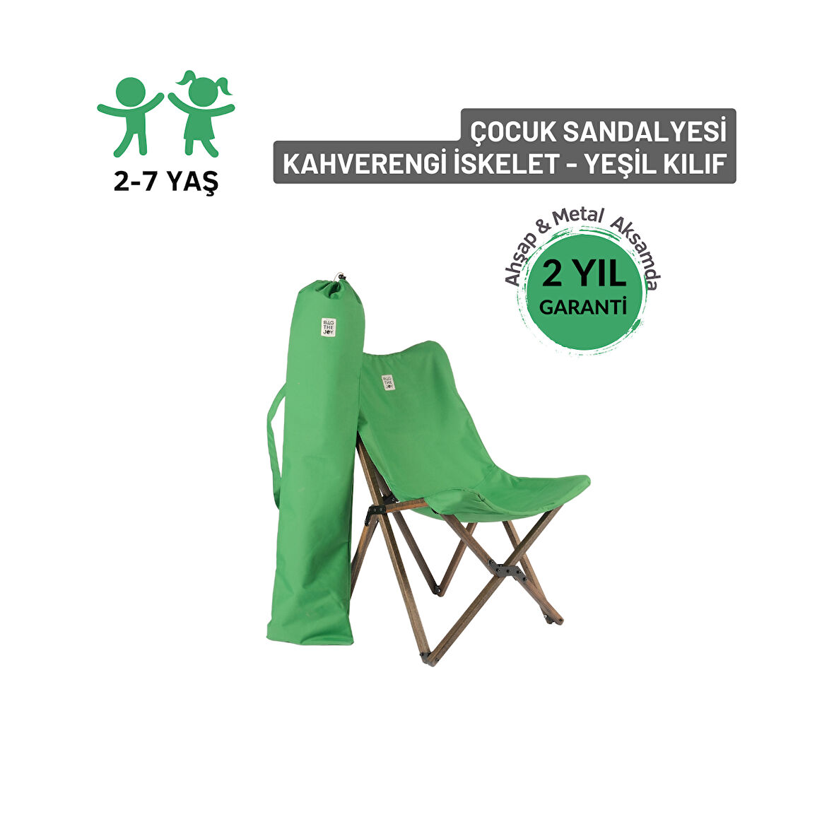 BAG THE JOY KIDS KATLANIR AHŞAP KAMP & BAHÇE SANDALYESİ ANTRASİT İSKELET – YEŞİL KILIF