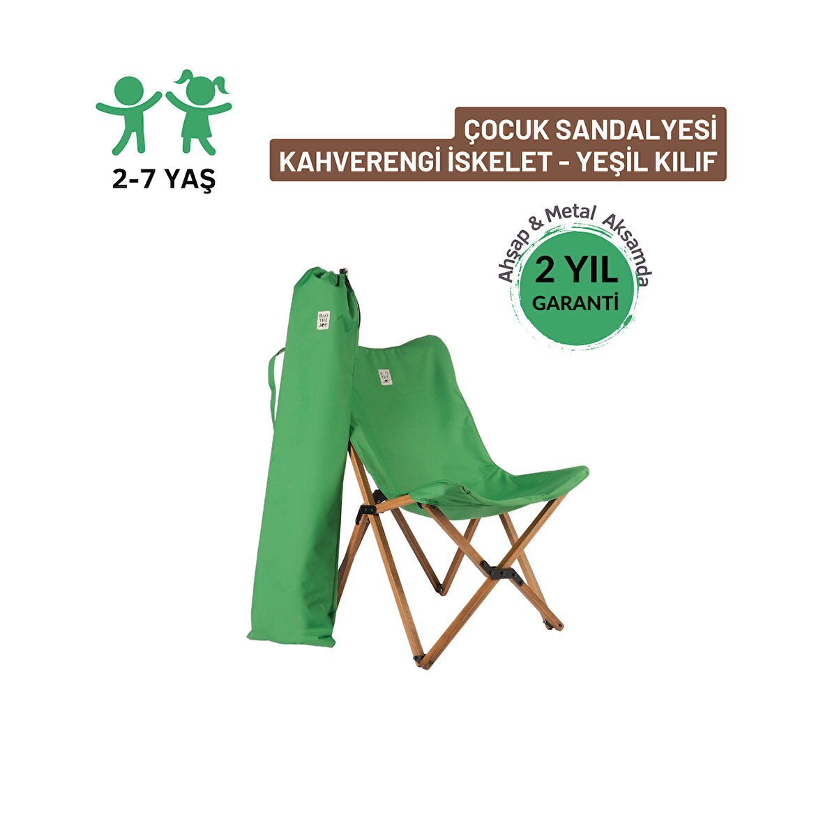 BAG THE JOY KIDS KATLANIR AHŞAP KAMP & BAHÇE SANDALYESİ KAHVERENGİ İSKELET – YEŞİL KILIF