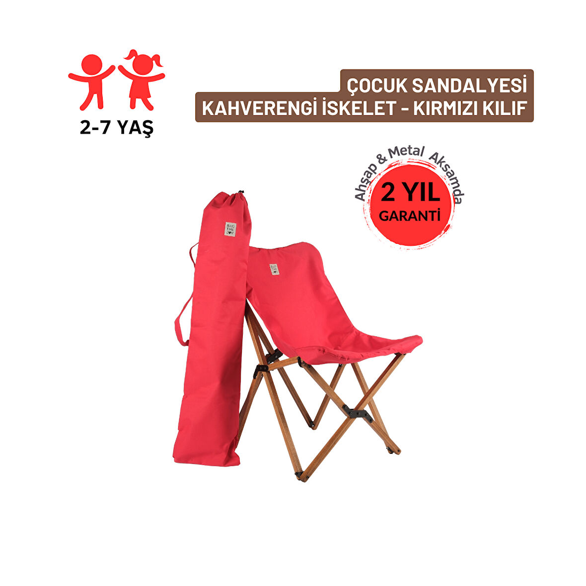 BAG THE JOY KIDS KATLANIR AHŞAP KAMP & BAHÇE SANDALYESİ KIRMIZI İSKELET – KIRMIZI KILIF