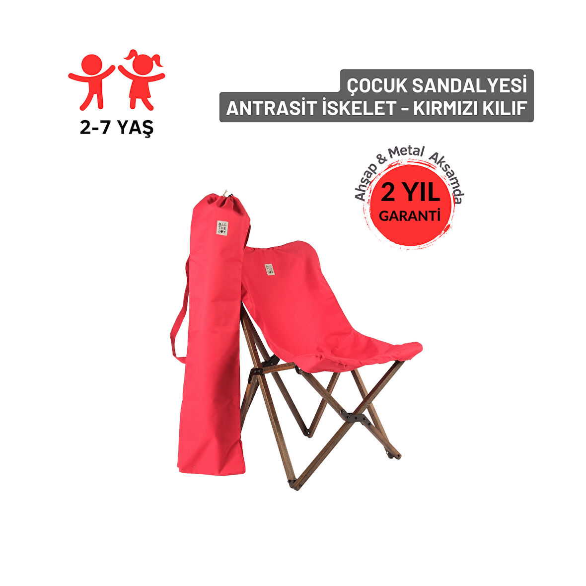 BAG THE JOY KIDS KATLANIR AHŞAP KAMP & BAHÇE SANDALYESİ ANTRASİT İSKELET – KIRMIZI KILIF