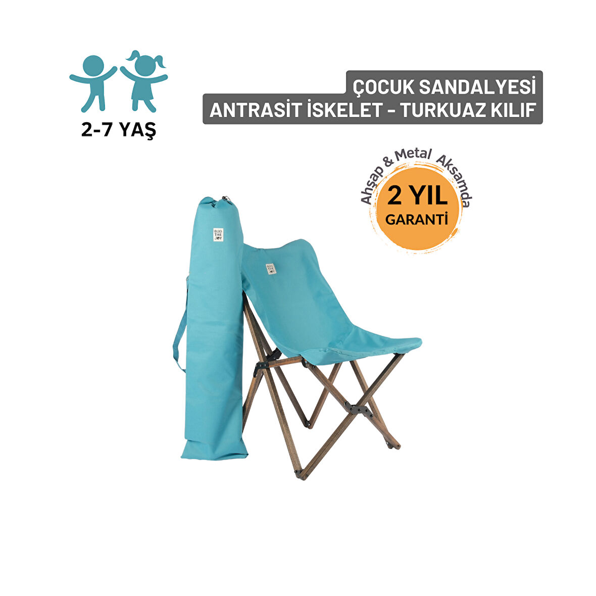 BAG THE JOY KIDS KATLANIR AHŞAP KAMP & BAHÇE SANDALYESİ ANTRASİT İSKELET – TURKUAZ KILIF