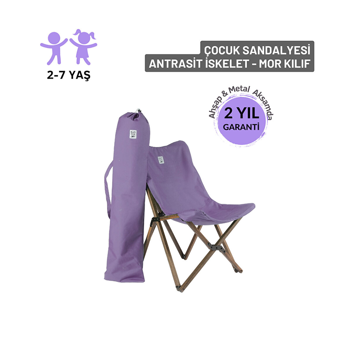 BAG THE JOY KIDS KATLANIR AHŞAP KAMP & BAHÇE SANDALYESİ ANTRASİT İSKELET – MOR KILIF