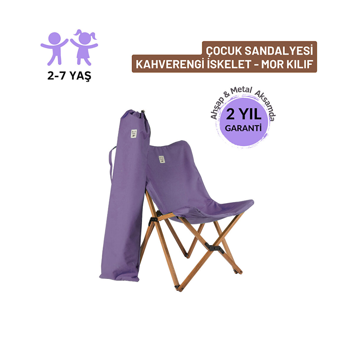 BAG THE JOY KIDS KATLANIR AHŞAP KAMP & BAHÇE SANDALYESİ KAHVERENGİ İSKELET – MOR KILIF