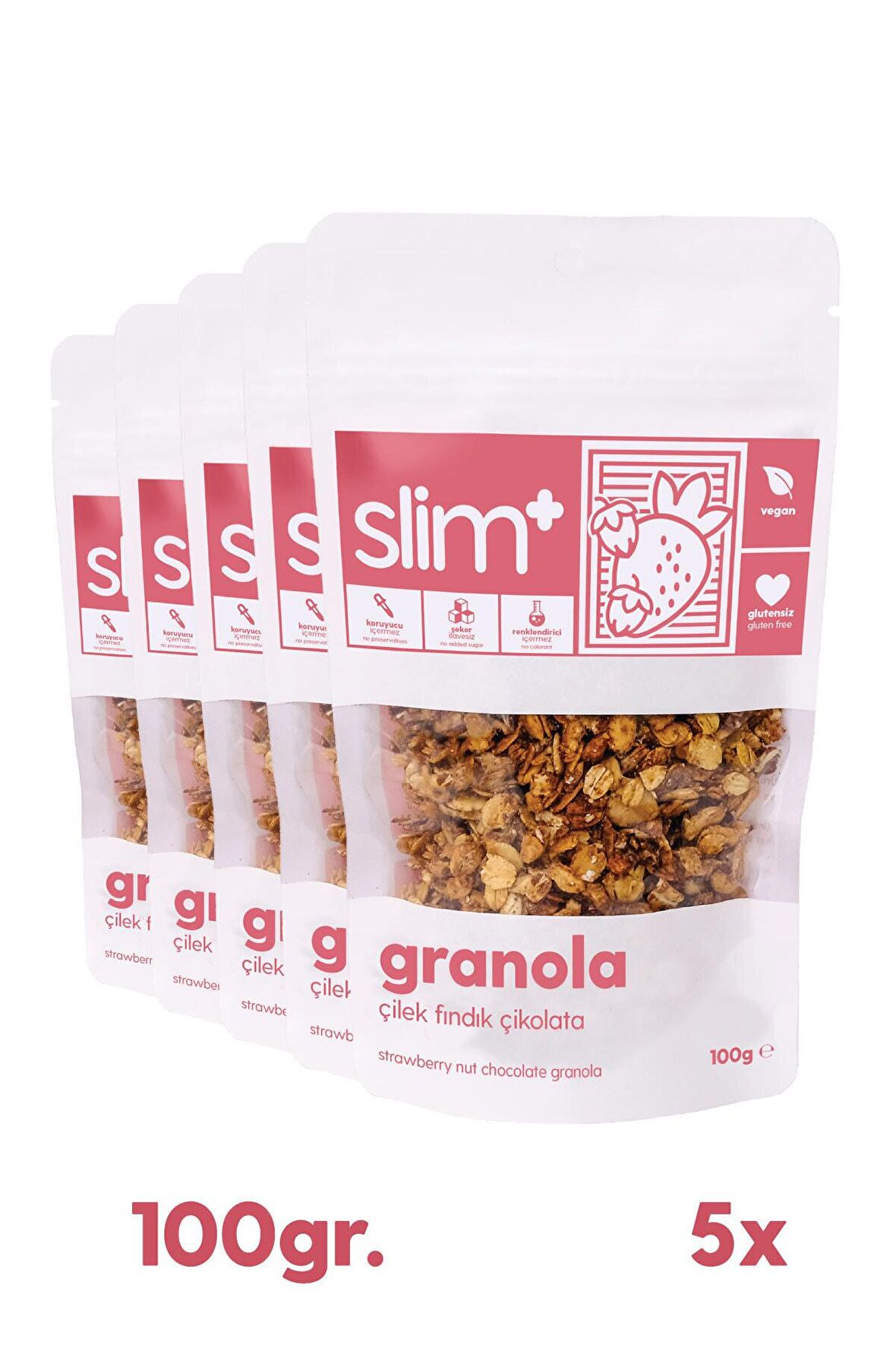 5 Paket Çikolata Çilek Fındık Glutensiz İlave Şekersiz Vegan Granola 100gr