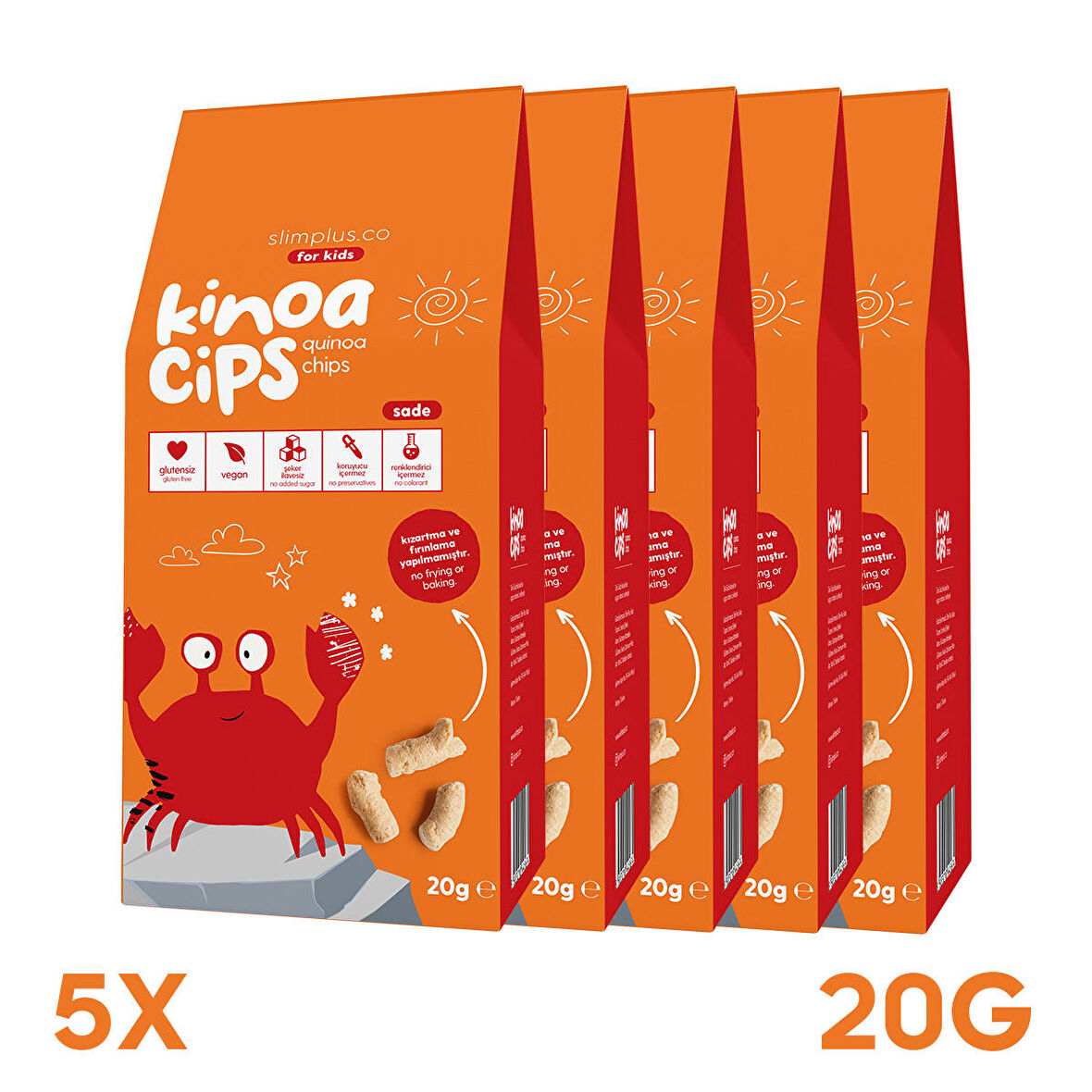 5 Paket 20G Sade Kinoa Cipsi for Kids Glutensiz Vegan Yağsız Cips Çocuklara Özel Ambalaj Neşeli Yengeç