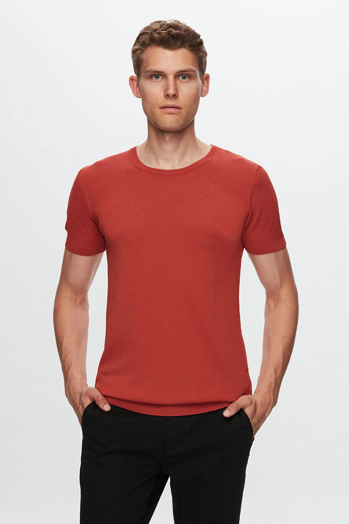 Twn Slim Fit Kiremit Düz Örgü Rayon Örme T-Shirt 0EF069421003M