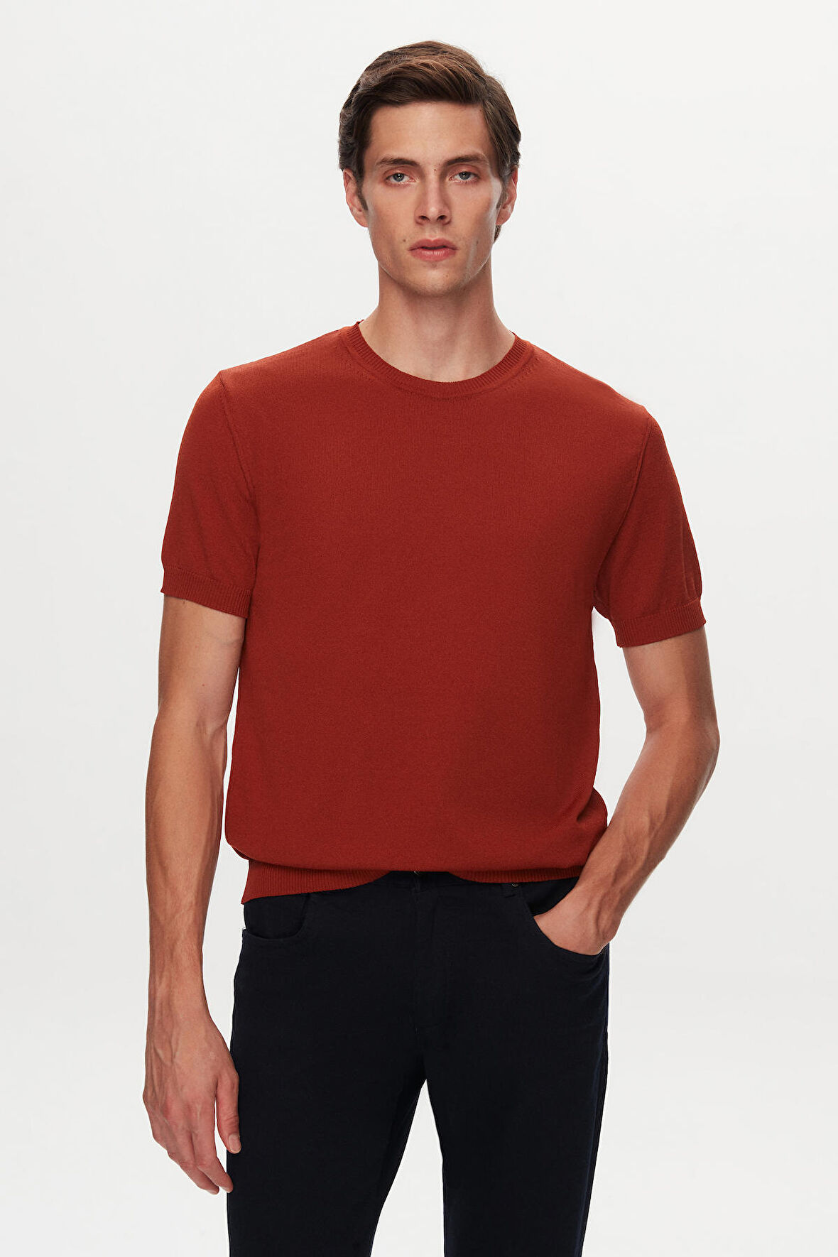Twn Slim Fit Kiremit Düz Örgü T-Shirt 1EF060638904M