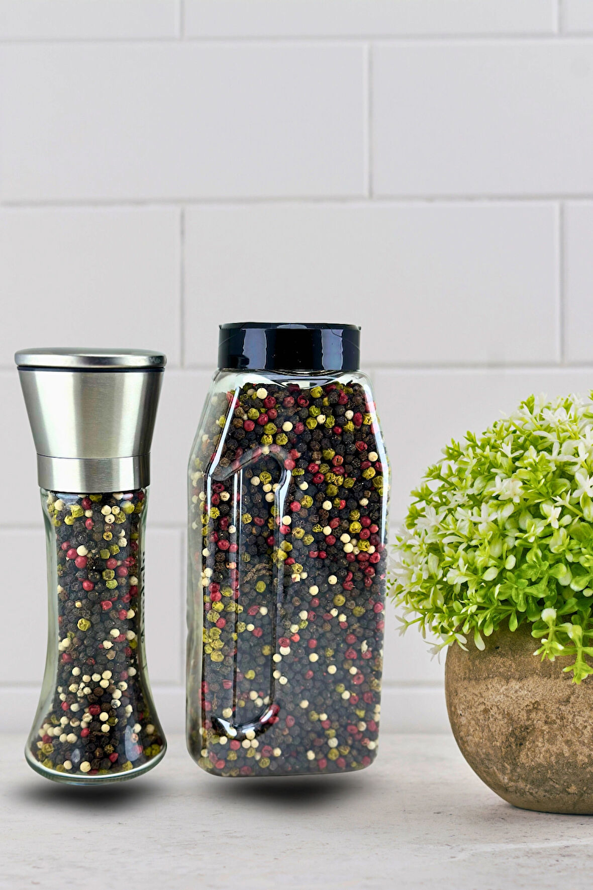 Karışık Renkli 4 Renkli Tane Karabiber Net 480Gr Flip Top Kapak, Karabiber Değirmeni 2'li SET