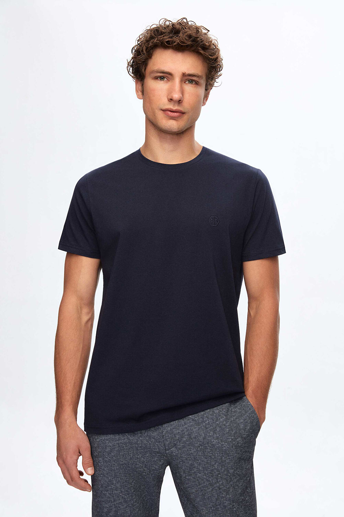 Ds Damat Regular Fit Lacivert Düz Nakışlı %100 Pamuk T-Shirt 2HC140632006M
