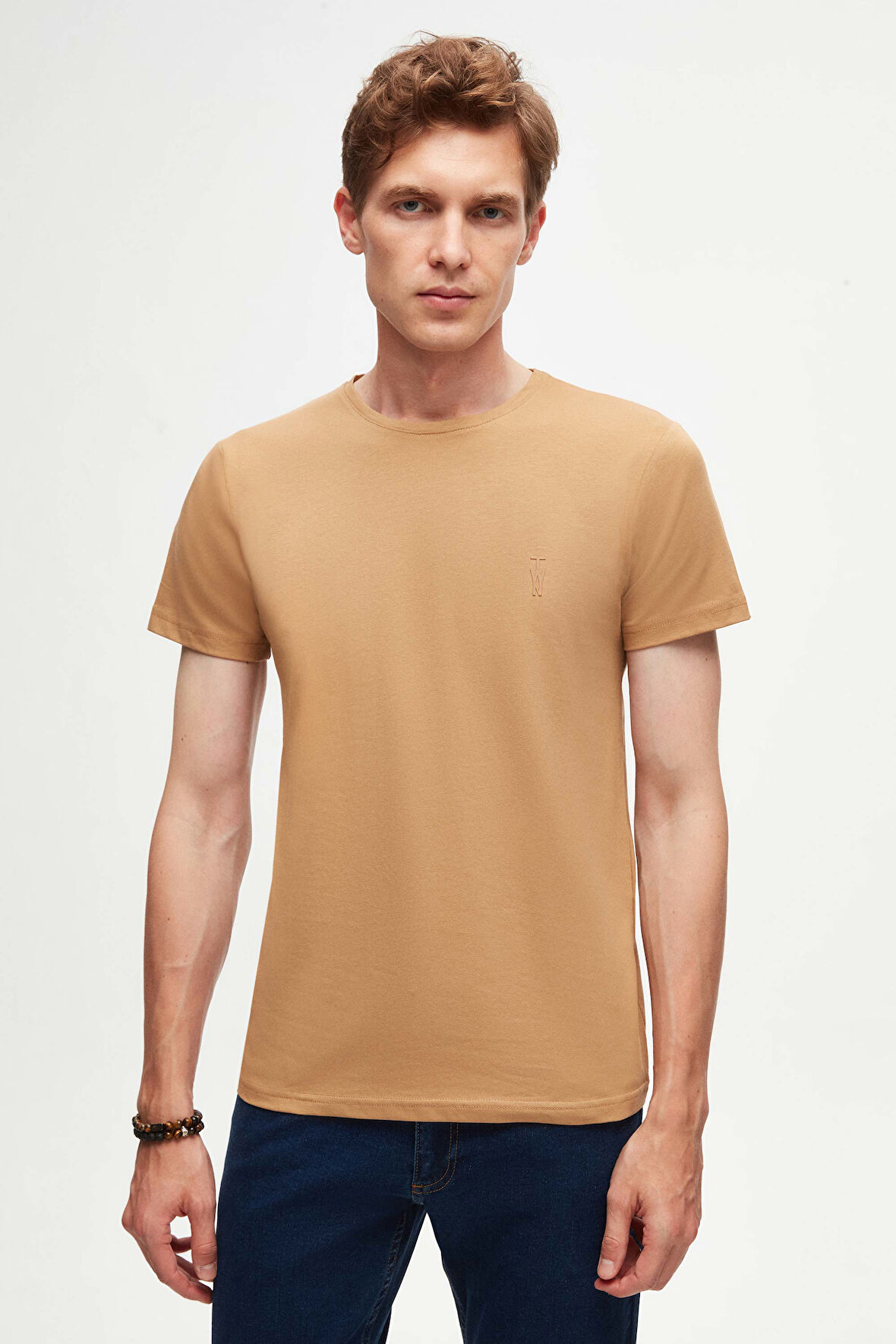 Twn Slim Fit Camel Düz Twn Logo Baskılı Strech Pamuklu T-Shirt 2EC148551753M