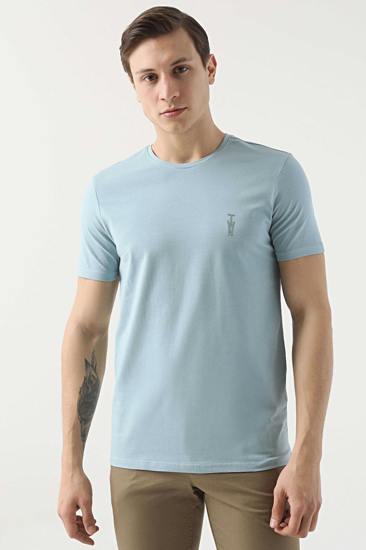 Twn Slim Fit Mint Düz Twn Logo Baskılı Strech Pamuklu T-Shirt 2EC148551753M