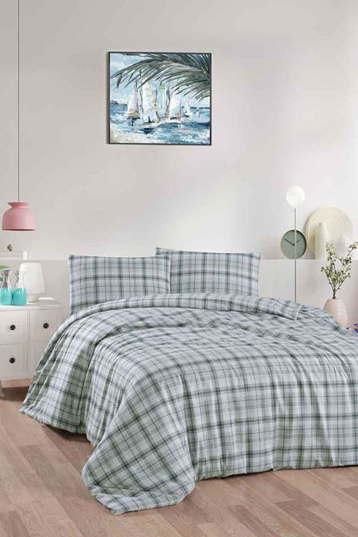 Menderes Home Cotton Collection Flanel R Tek Kişilik Nevresim Takımı Ekose Yeşil