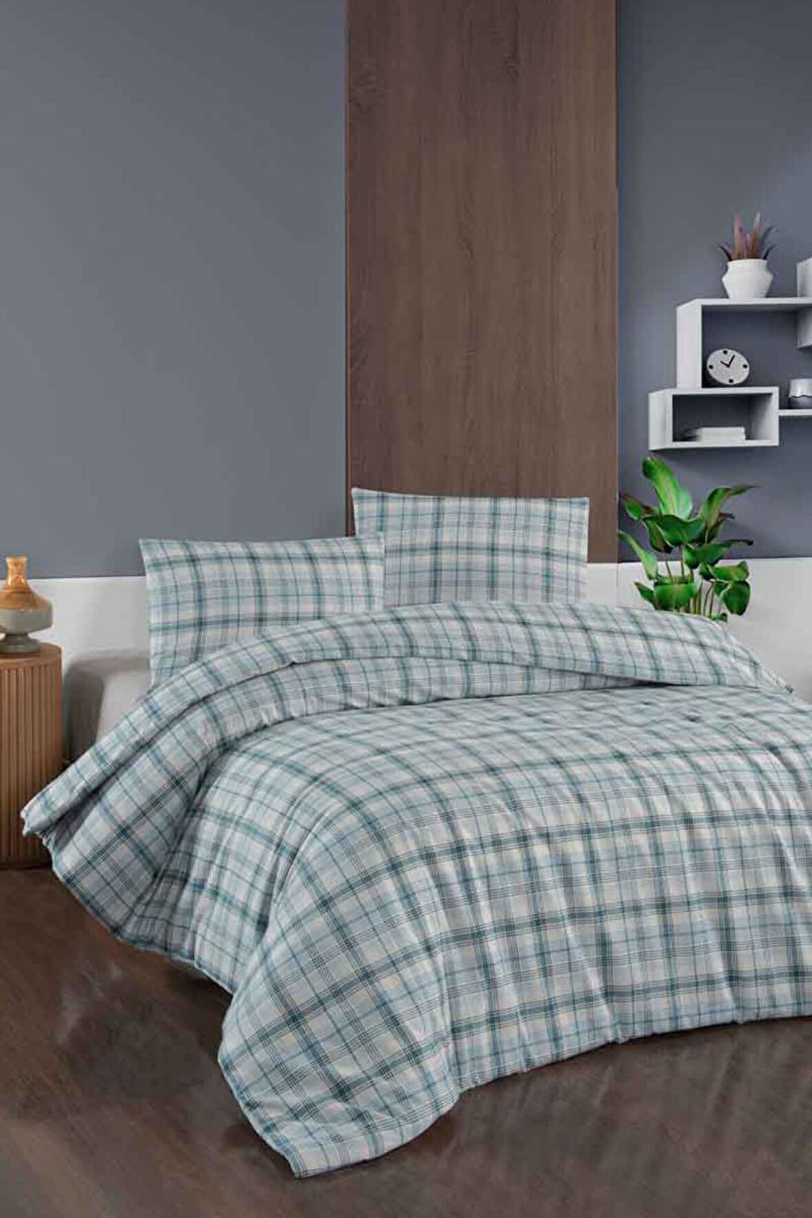 Menderes Home Cotton Collection Flanel R Çift Kişilik Nevresim Takımı Ekose Mavi