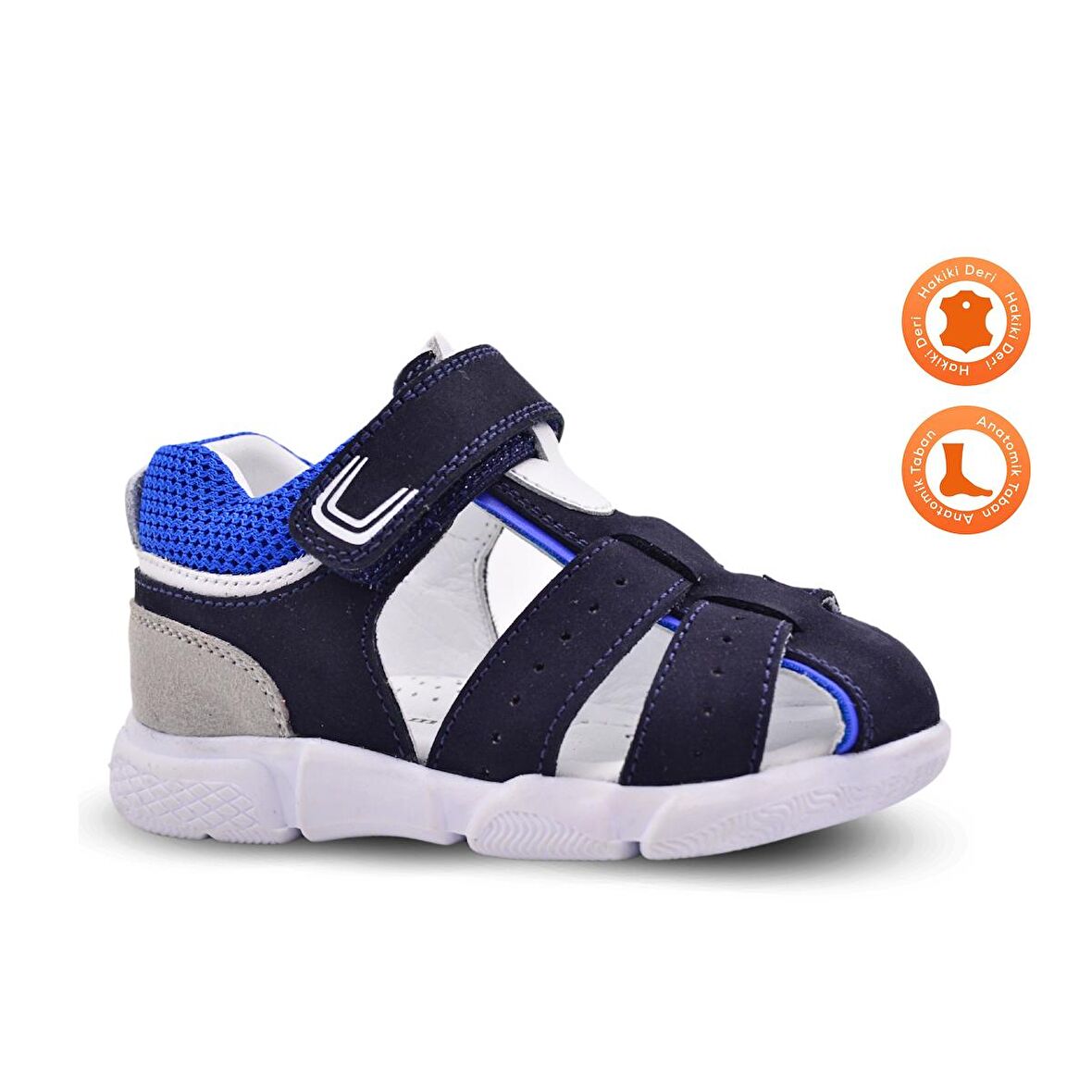 Flex Cırtlı File Detaylı Hakiki Deri Erkek Bebek Sandalet Lacivert