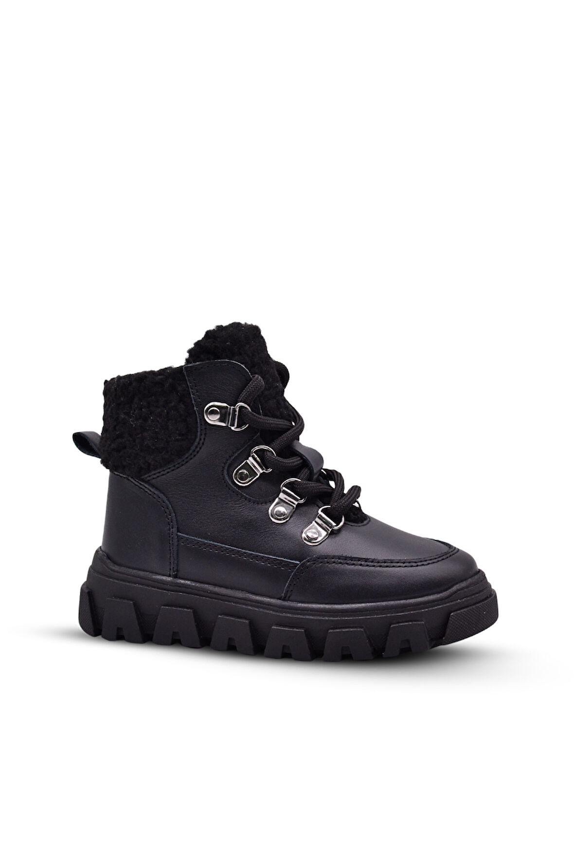 Carmen Peluş Kürk Yaka Detaylı Bağcıklı Ve Fermuarlı Deri Kız Çocuk Bot Siyah