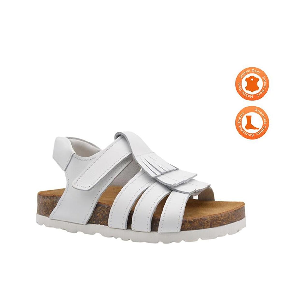 Loren Tek Cırtlı Püsküllü Deri Kız Çocuk Sandalet Beyaz