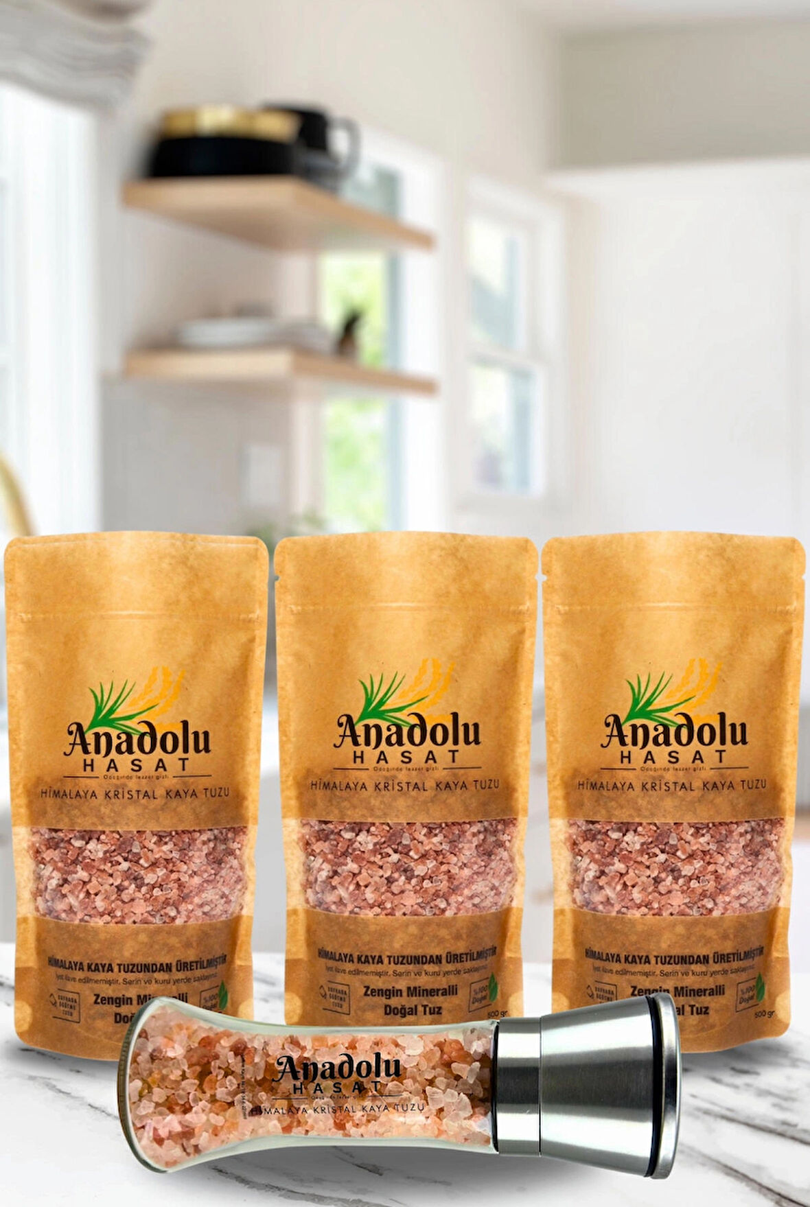 Himalaya kaya tuzu granül 3 adet 500gr+tuz değirmeni 200gr