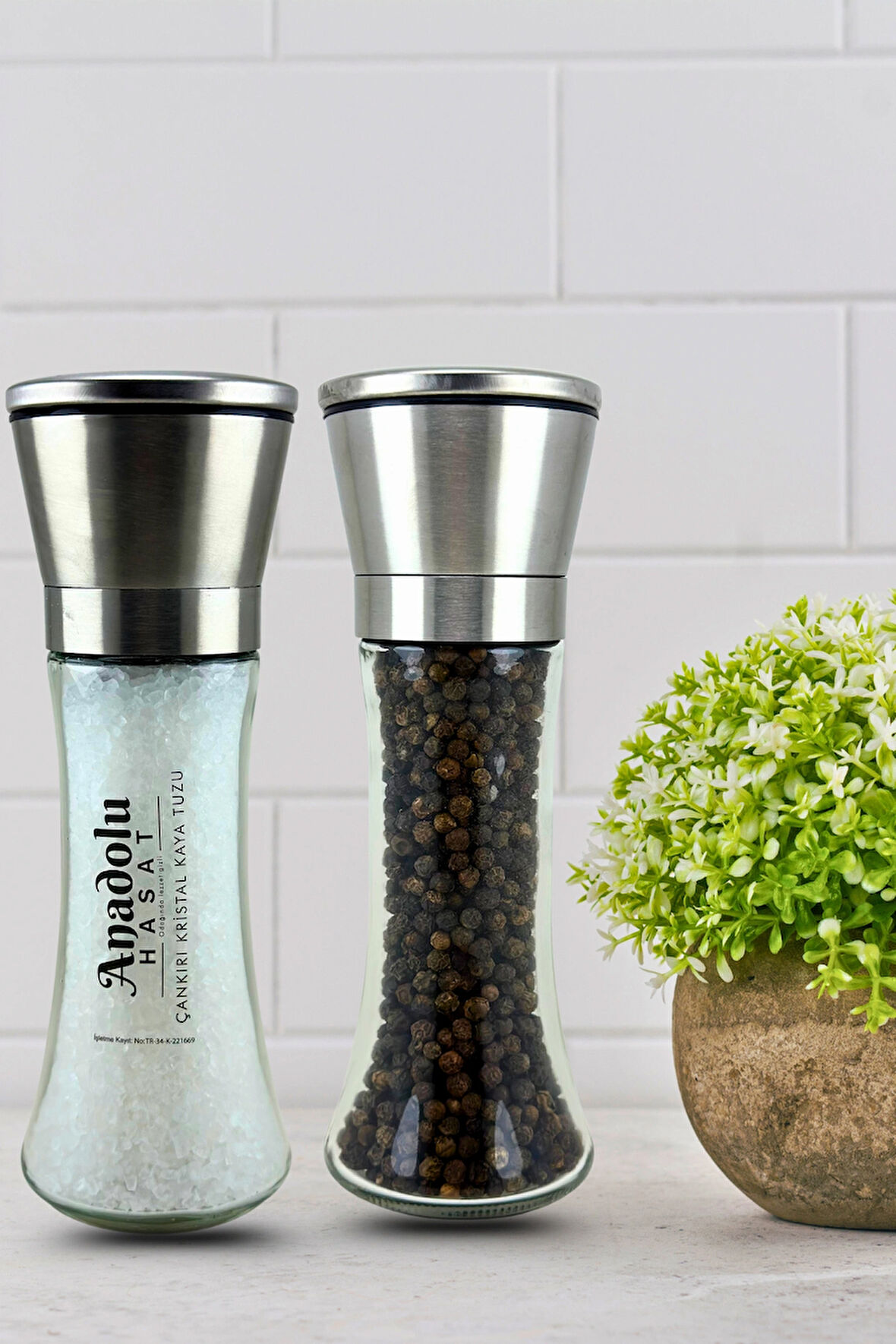 Karabiber ve Tuz Değirmeni 2li Set Seramik Öğütücülü 19cm