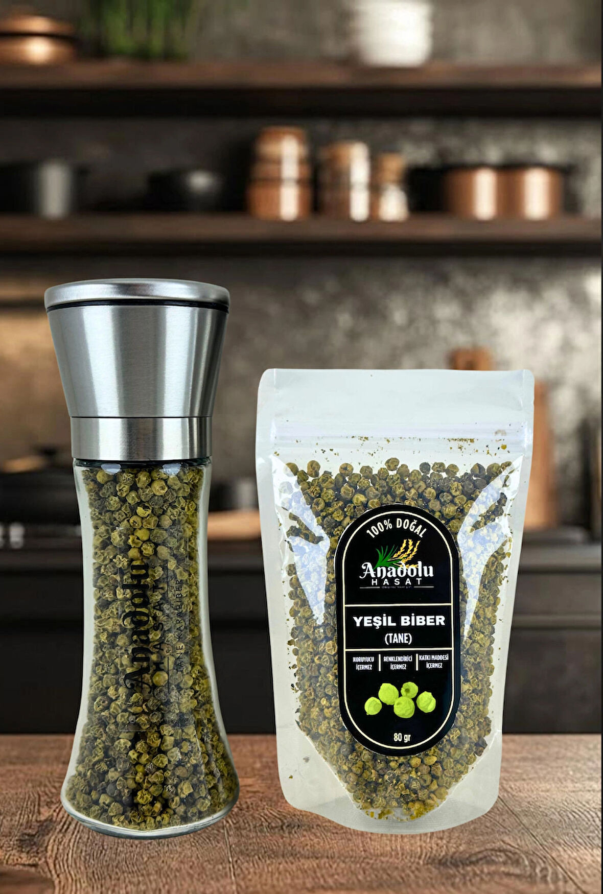 Yeşil Tane Karabiber 80Gr + Metal Seramik Bıçaklı Baharat ve Tuz Öğütücü (Tuz Değirmeni) Dolu